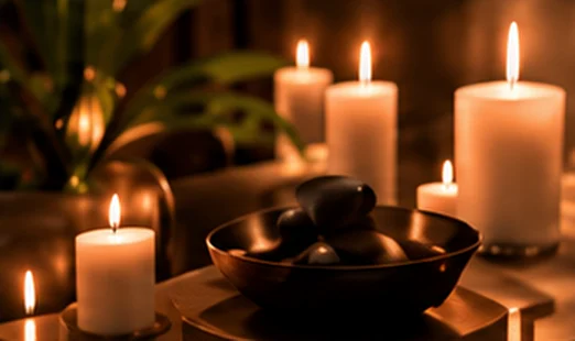 Velas encendidas y piedras en un cuenco de madera